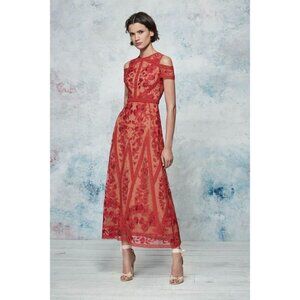 💕MARCHESA💕 Cold-Shoulder Guipure Lace-Trimmed Embroidered Tulle Midi Dress Red